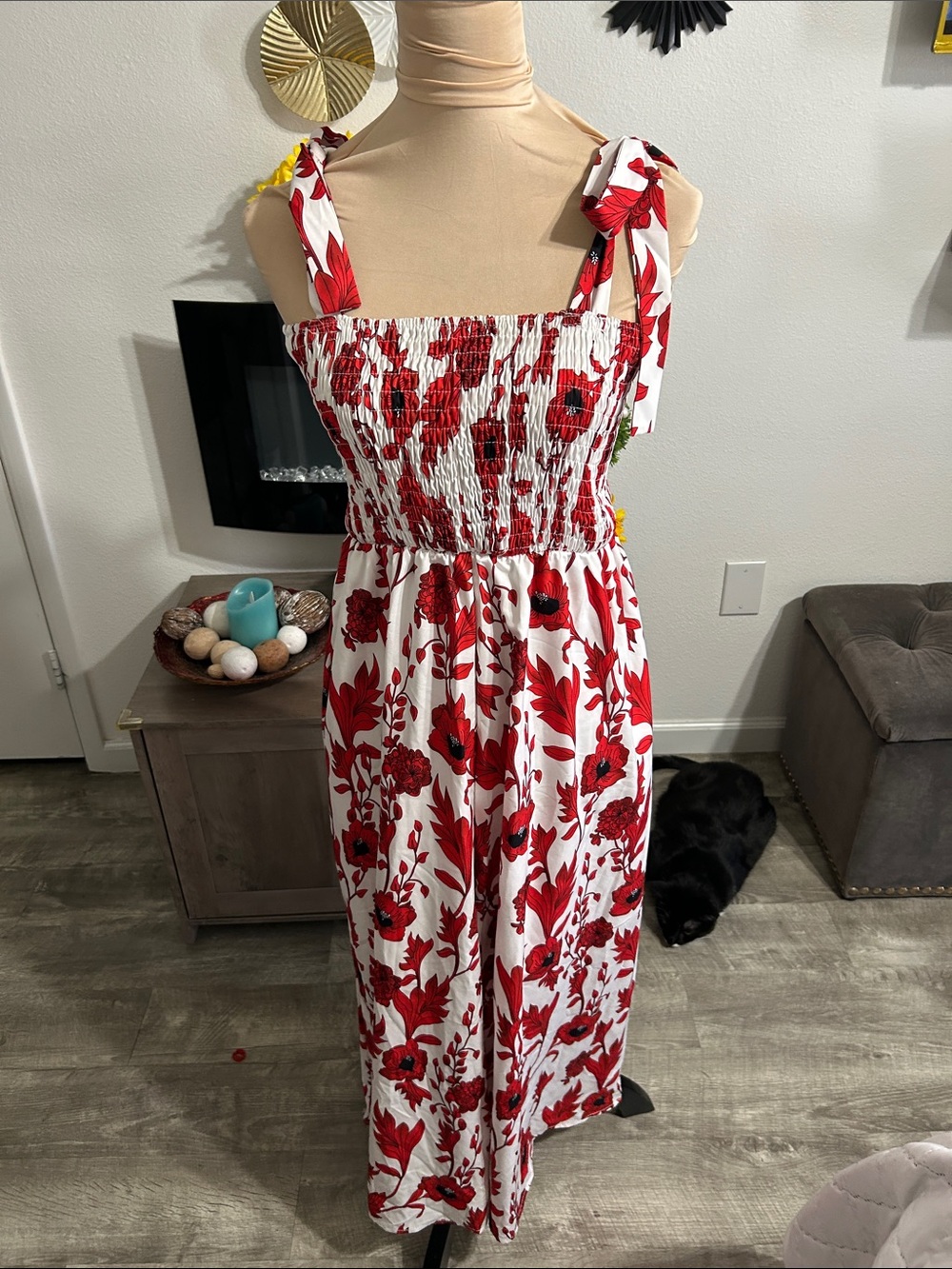 Red & White Floral Tie-Shoulder Sundress lined
